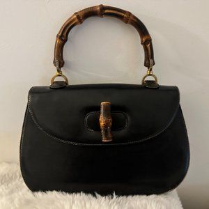 Gucci Vintage Old Bamboo 2Way Handbag Top Handle Bag Shoulder Black Leather